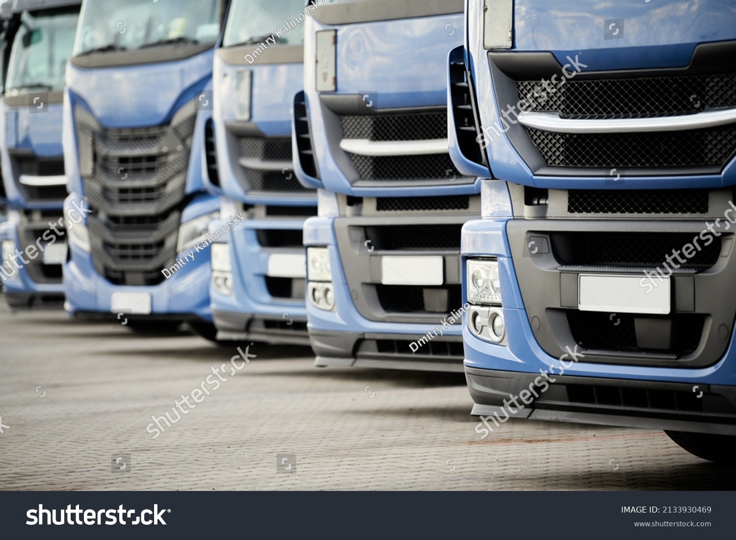 Fleet of commercial lorry trucks in row. Logistics and transportation service #2133930469