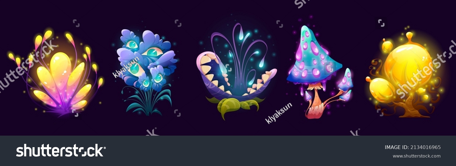 Fantasy mushrooms, flowers and trees, alien planet or magic game plants isolated set. Unusual nature elements, fairy tale or extraterrestrial strange flora or fauna assets. Cartoon vector illustration #2134016965