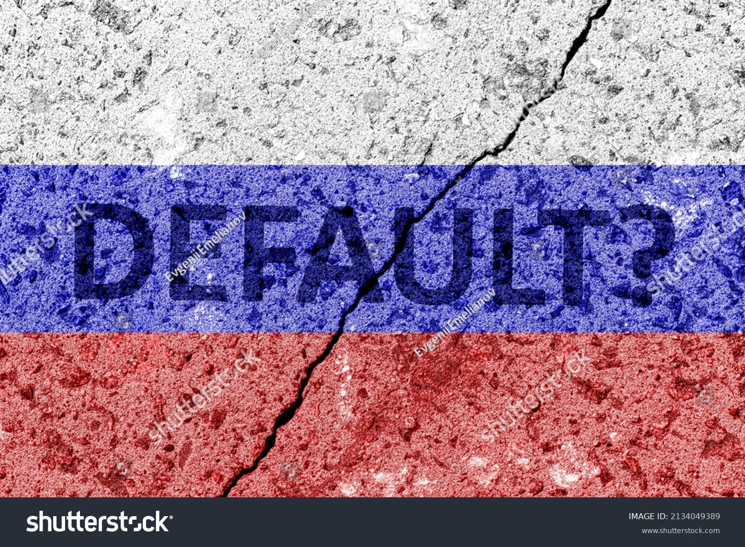 Russian Federation flag on cracked concrete wall. The concept of crisis, default, economic collapse or other problems in the country. Abstract disaster symbol. #2134049389