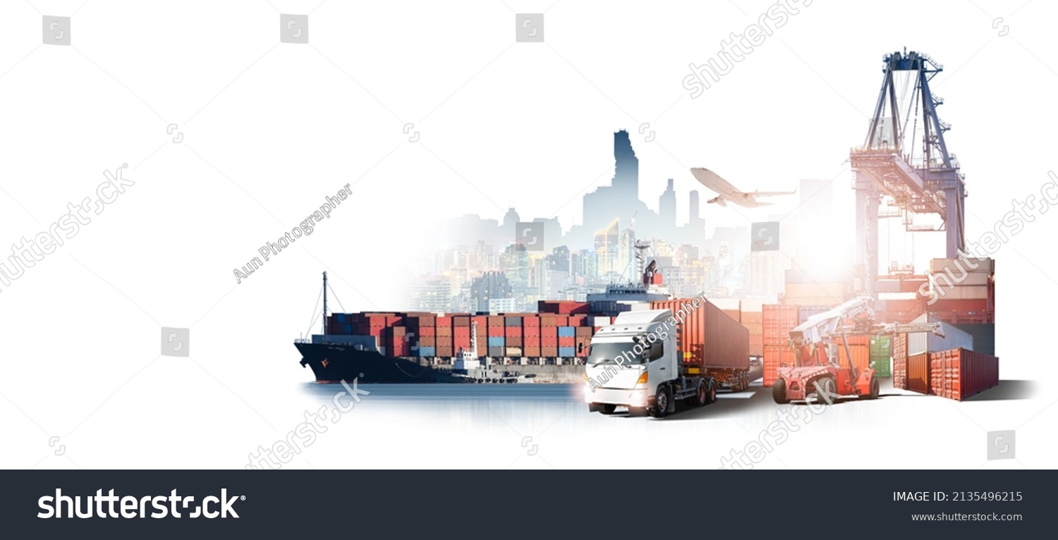 Global business logistics import export of containers cargo freight ship loading at port by crane, container handlers, cargo plane, truck on city background with copy space, transport industry concept #2135496215