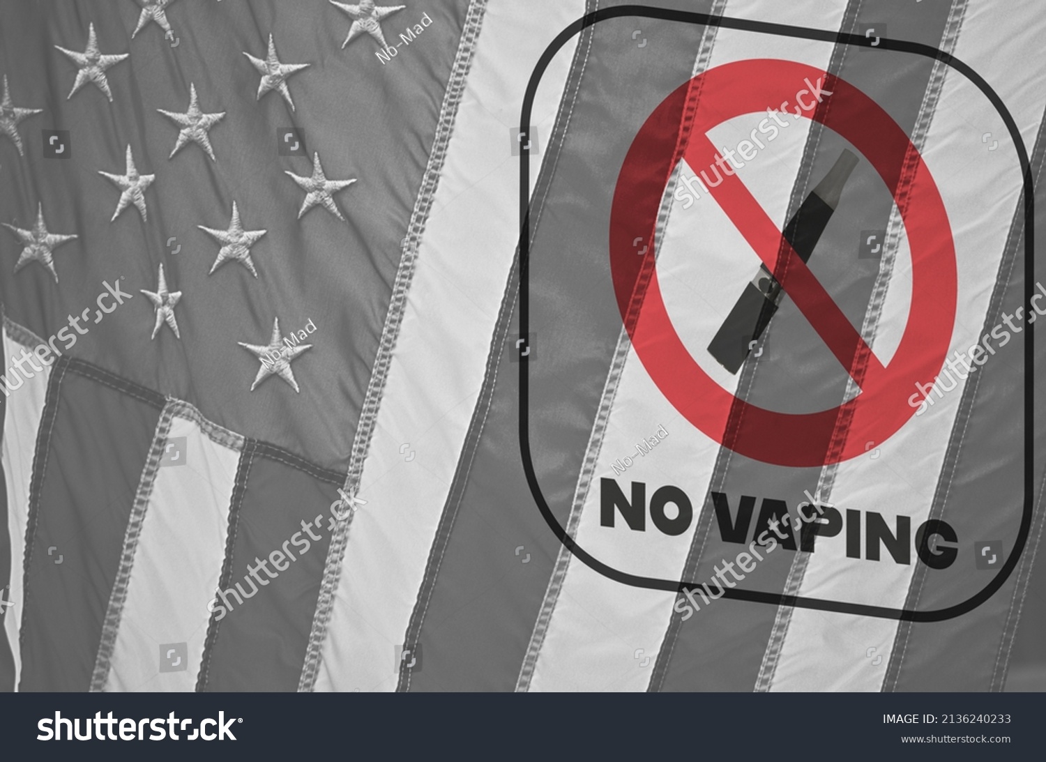 Sign with the interdiction of vaping against black and white usa flag, no vaping, vaping is forbidden, Illustration of vaping restriction with a new law in the US #2136240233