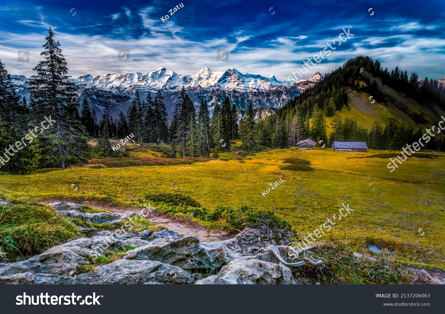 Mountain valley on a clear day. Beautiful valley in mountains. Mountain valley landscape. Snowy mountain peaks background #2137206063