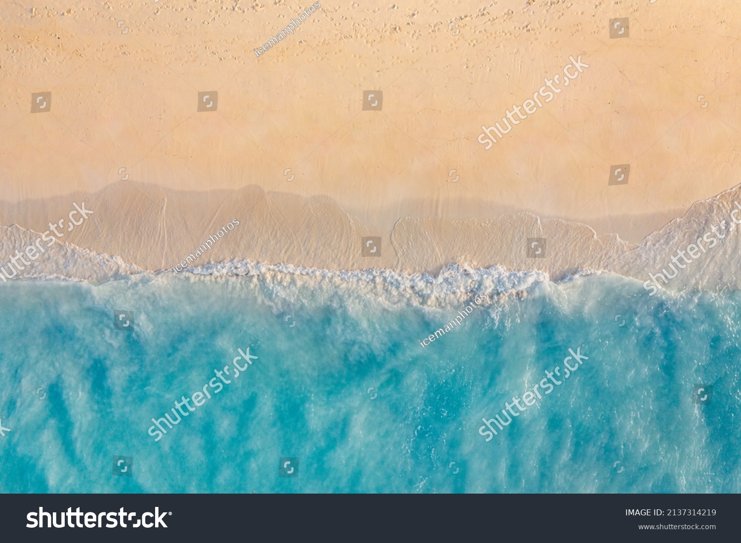Summer seascape beautiful waves, blue sea water in sunny day. Top view from drone. Sea aerial view, amazing tropical nature background. Beautiful bright sea waves splashing and beach sand sunset light #2137314219