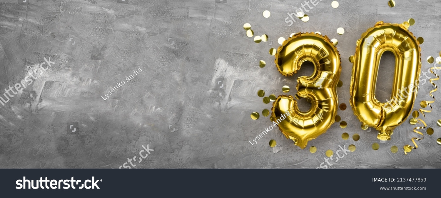 Yellow foil balloon number, number thirty on a concrete background. 30th birthday card. Anniversary concept. for anniversary, birthday, new year celebration. banner, copy space. #2137477859