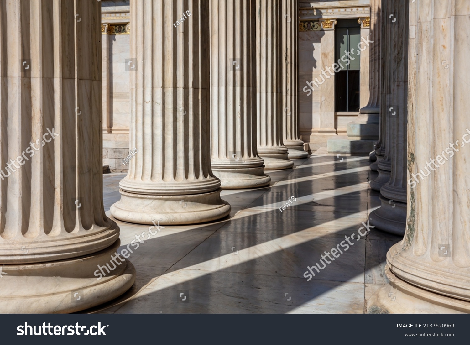 Classic columns pillars white marble. Athens Greece Academy neoclassical building entrance colonnade. Classical pillars in a row. #2137620969