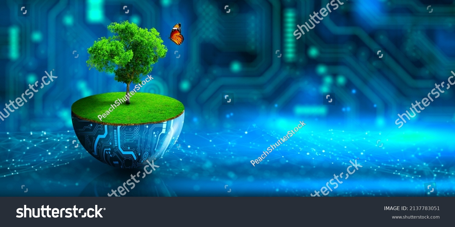 Tree growing on digital plant pot. Eco Technology and Technology Convergence. Green Computing, Green Technology, Green IT, csr, and IT ethics Concept. #2137783051
