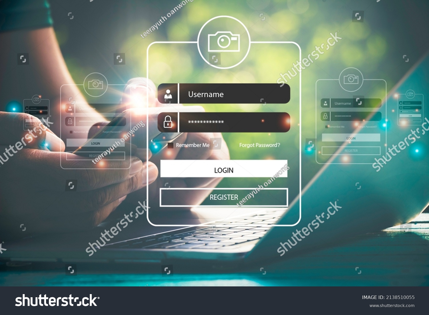 User typing login and password.Hand man use mobile phone for  log in to enter login and password.sign in page,User profile,Information privacy,Internet.photo Cyber protection and technology concept. #2138510055