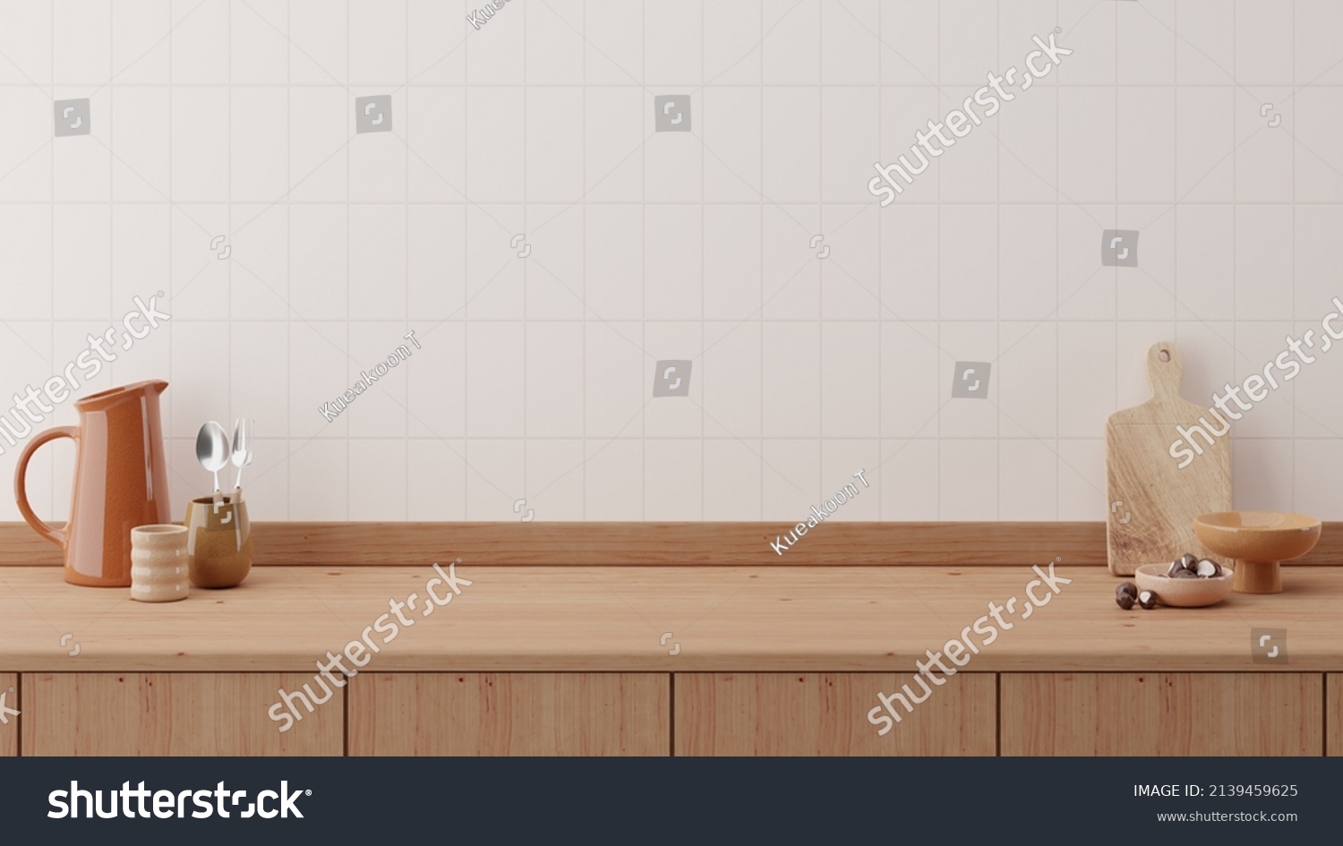 Minimal cozy counter mockup design for product presentation background or branding with bright wood counter  tile white wall with orange brown jug mug chop fork spoon bowl. Kitchen interior  #2139459625