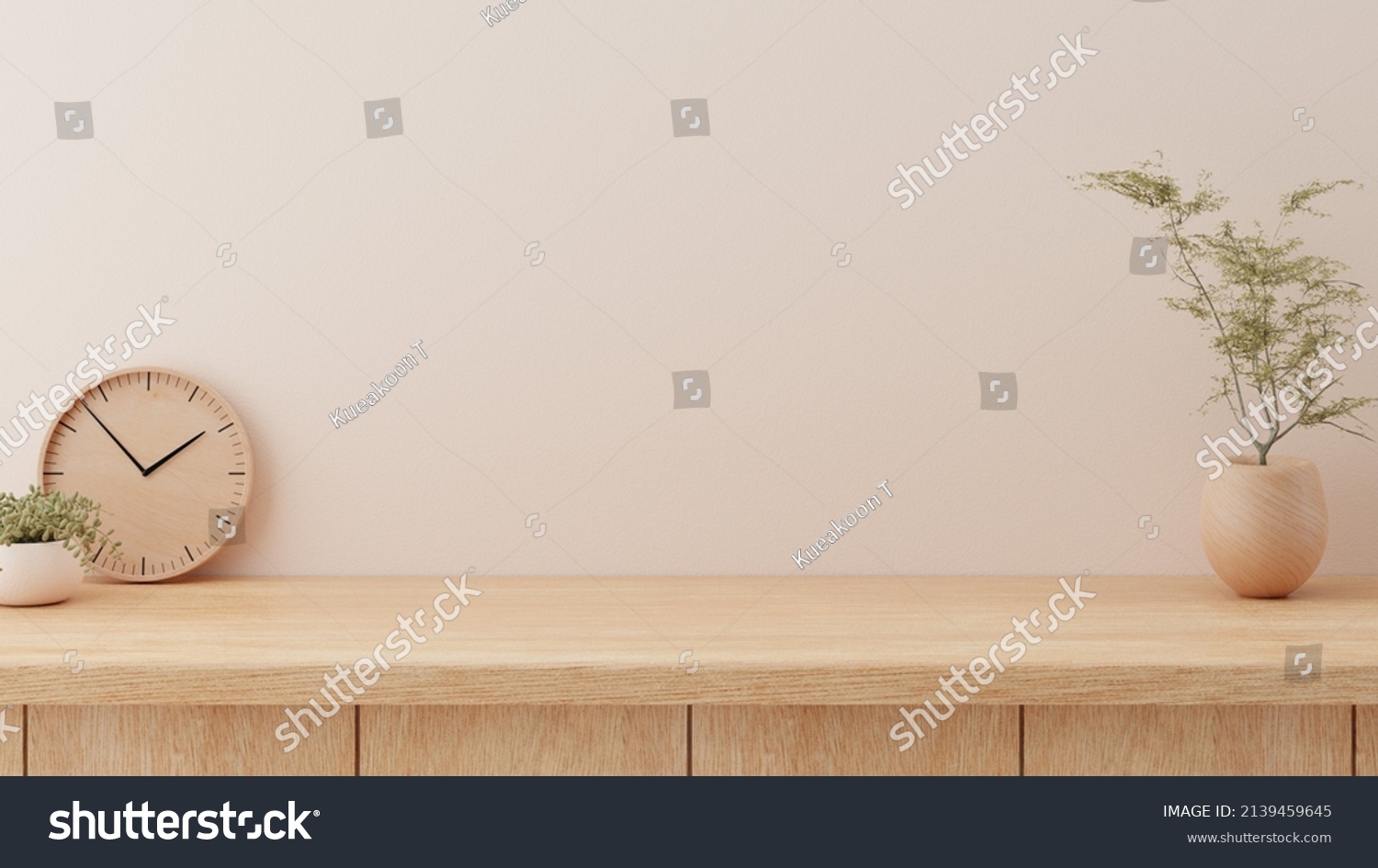 Minimal cozy counter mockup design for product presentation background or branding in Japan style with bright wood counter and warm white wall include vase plant and clock. Kitchen interior  #2139459645