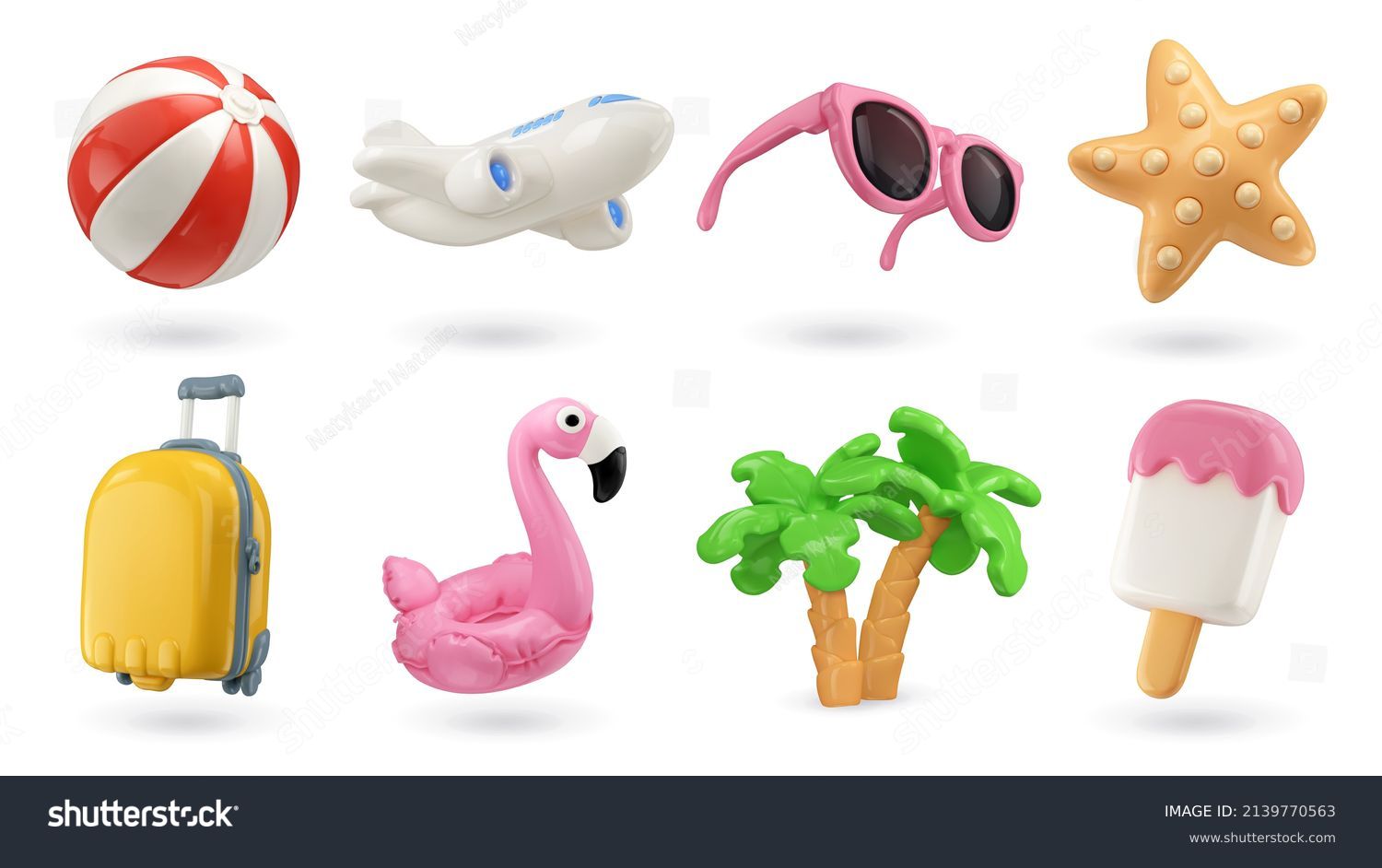 Summer 3d realistic render vector icon set. Inflatable ball, airplane, sunglasses, starfish, suitcase, flamingo, palm trees, ice cream #2139770563