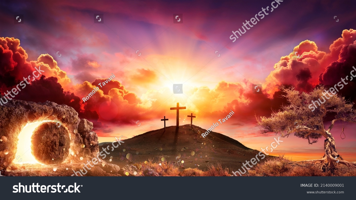 Resurrection - Crosses And Empty Tomb With Crucifixion At Sunrise - Abstract Defocused Lights #2140009001
