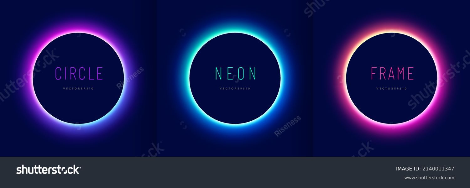 Set of blue, red-purple, green illuminate circle neon board frame. Abstract cosmic vibrant color. Collection of glowing neon lighting on dark background with copy space. Top view futuristic style. #2140011347