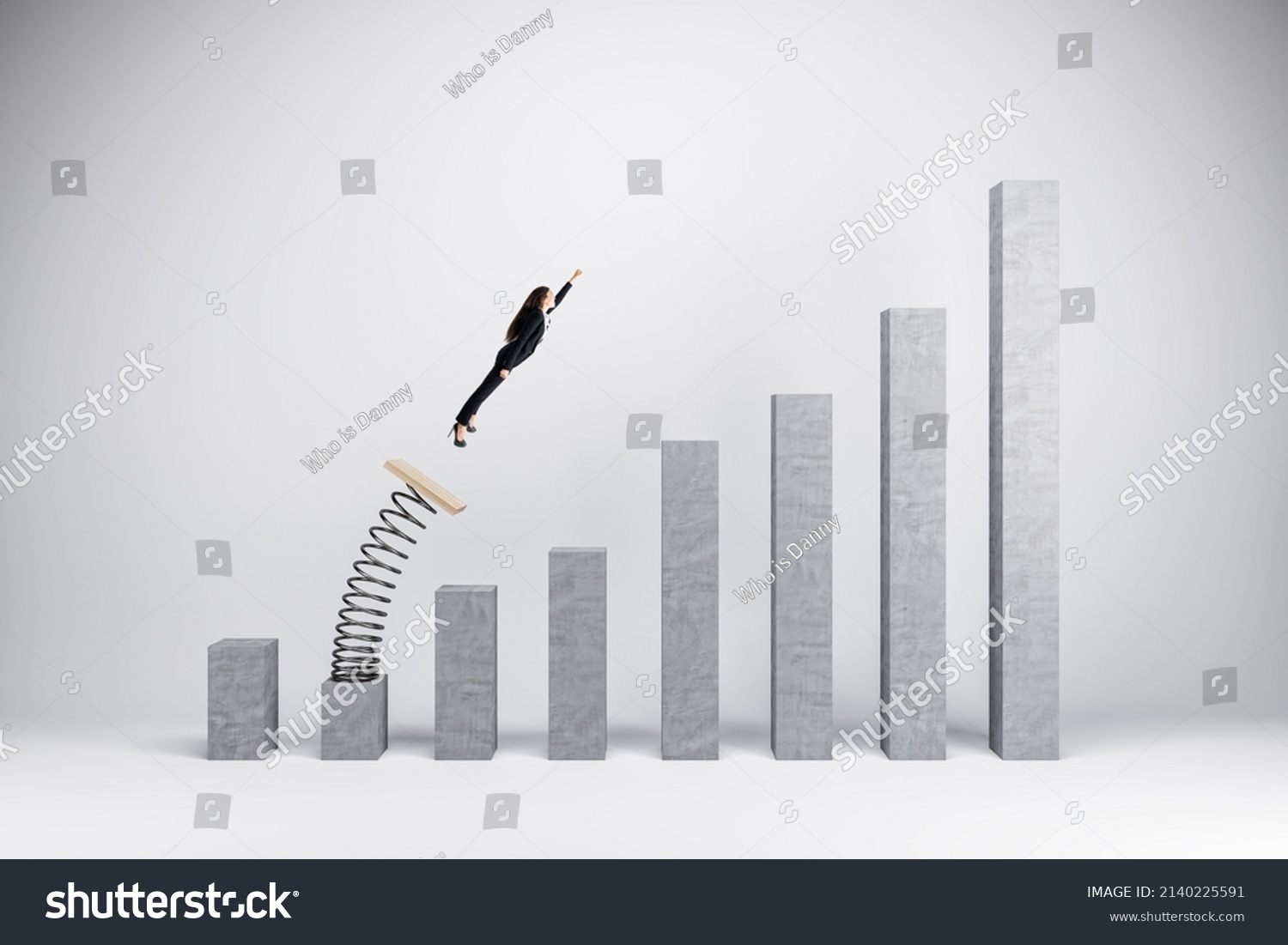 Concept of business boost and growth. Superhero businesswoman flying off of springboard to business chart top #2140225591