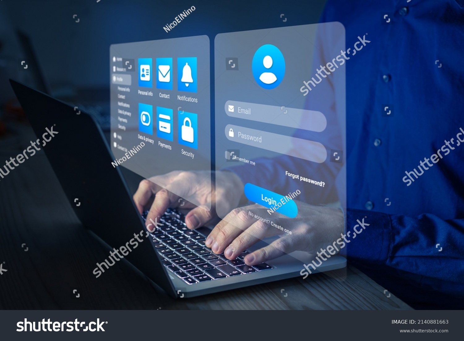 Secure online access with password and login page to manage personal profile account. Secured connection and data security on internet. Cybersecurity and sign in form. User working on laptop computer. #2140881663