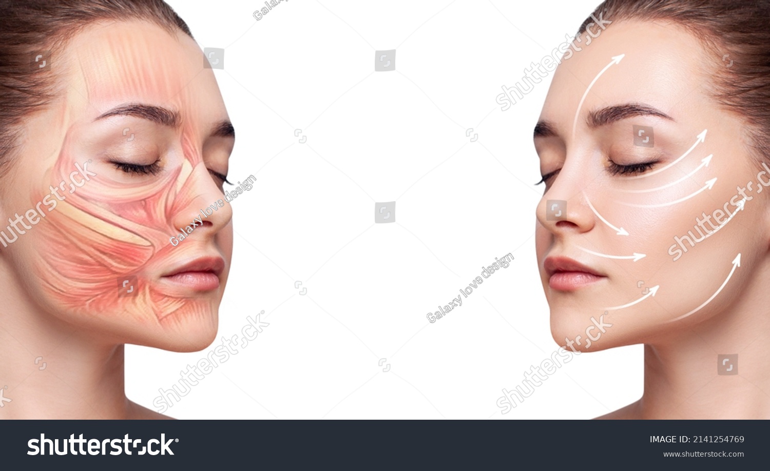 Young woman with half of face with muscles structure under skin. #2141254769