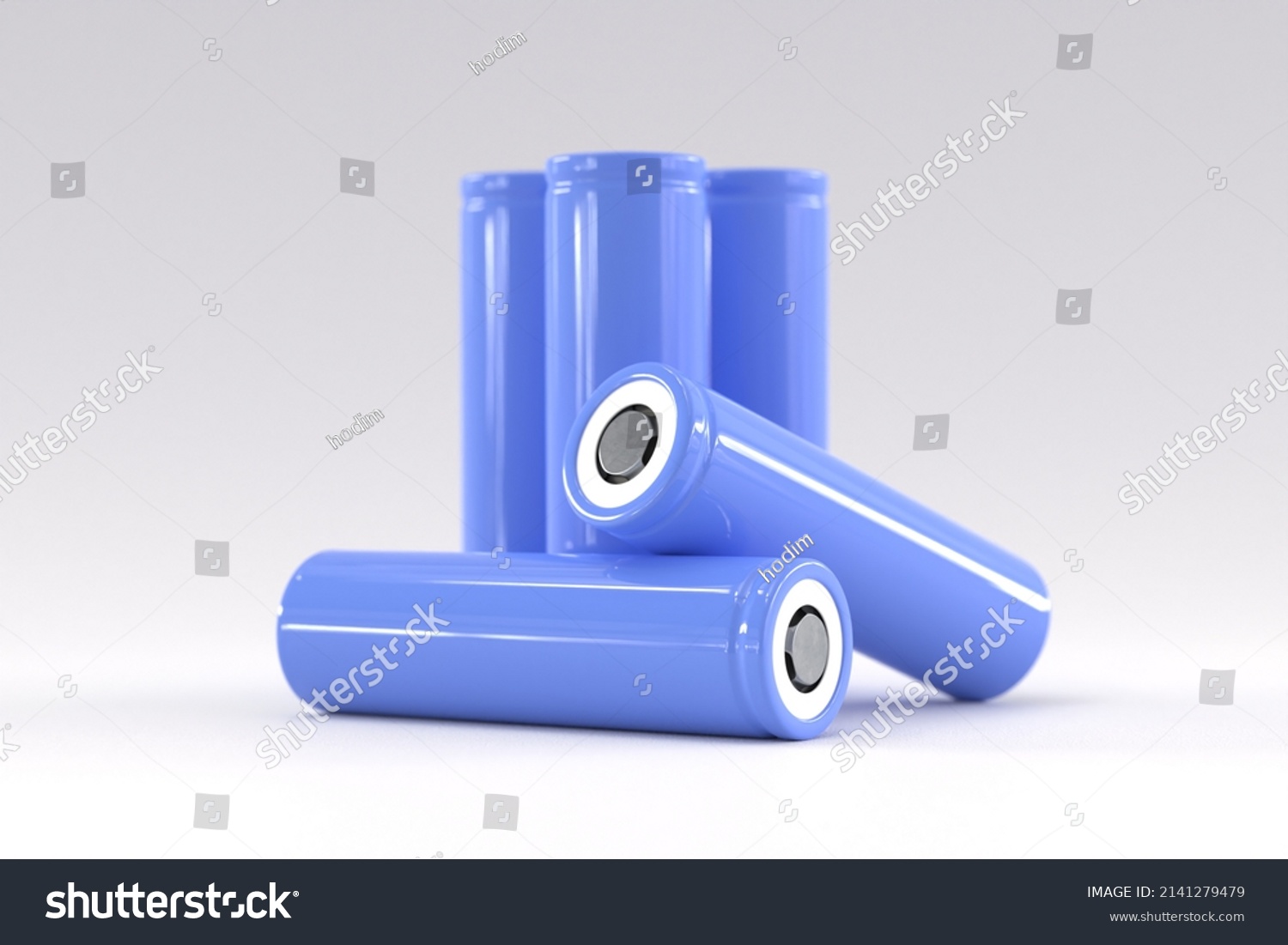 5 blue cylindrical batteries on a light gray background. Storage battery or secondary cell. Rechargeable li-ion batteries for electrical appliances and devices #2141279479