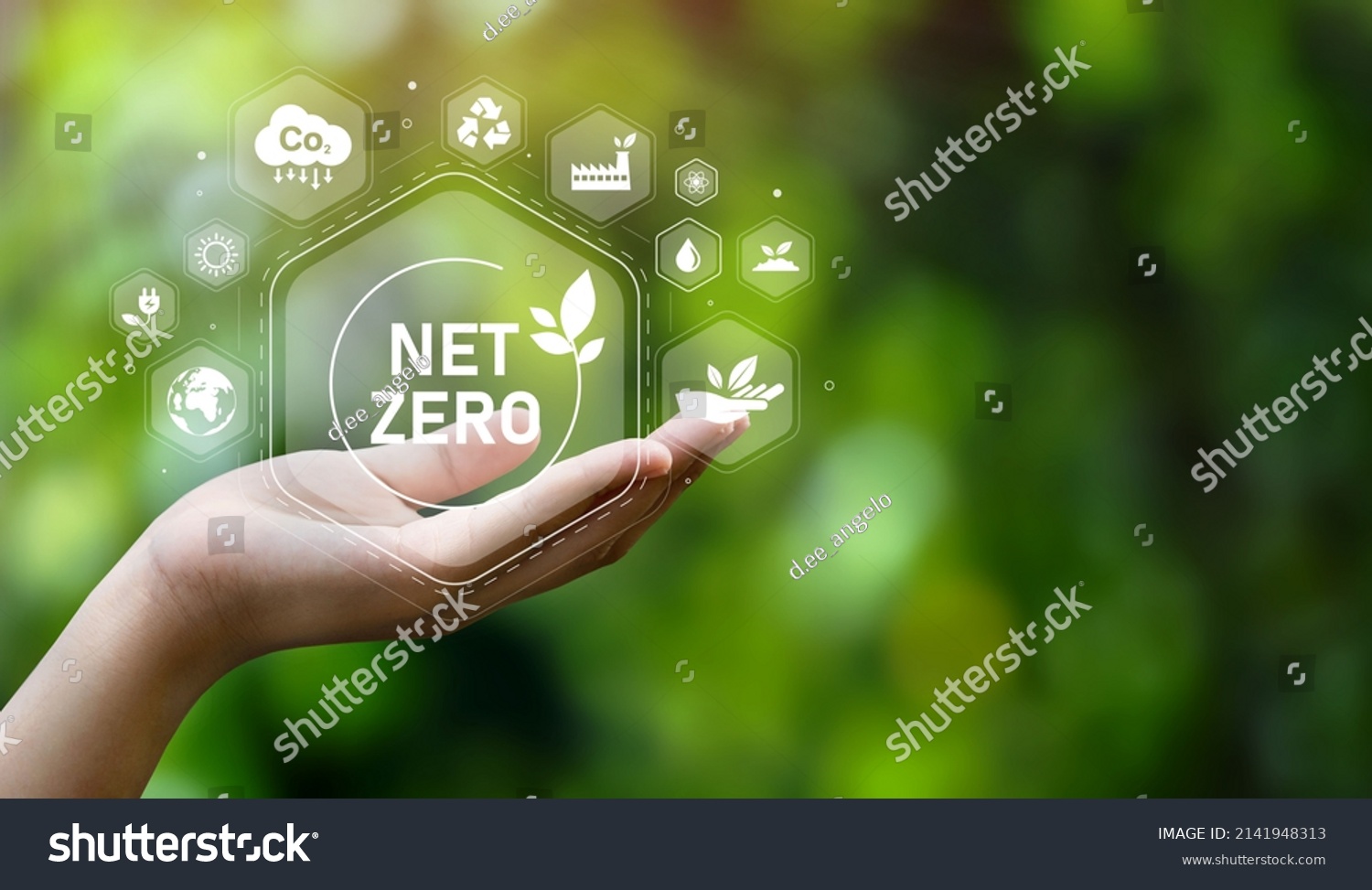 The concept of carbon neutral and net zero. natural environment A climate-neutral long-term strategy greenhouse gas emissions targets with green net center icon on hand cap and green background #2141948313