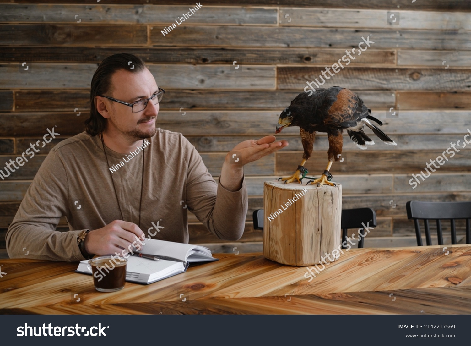 Man is working, writing with wild bird at home by the table. Making noted, memories, diary with eagle as pet. Unusual animals at home. Human friendship. Taking care of buzzard #2142217569