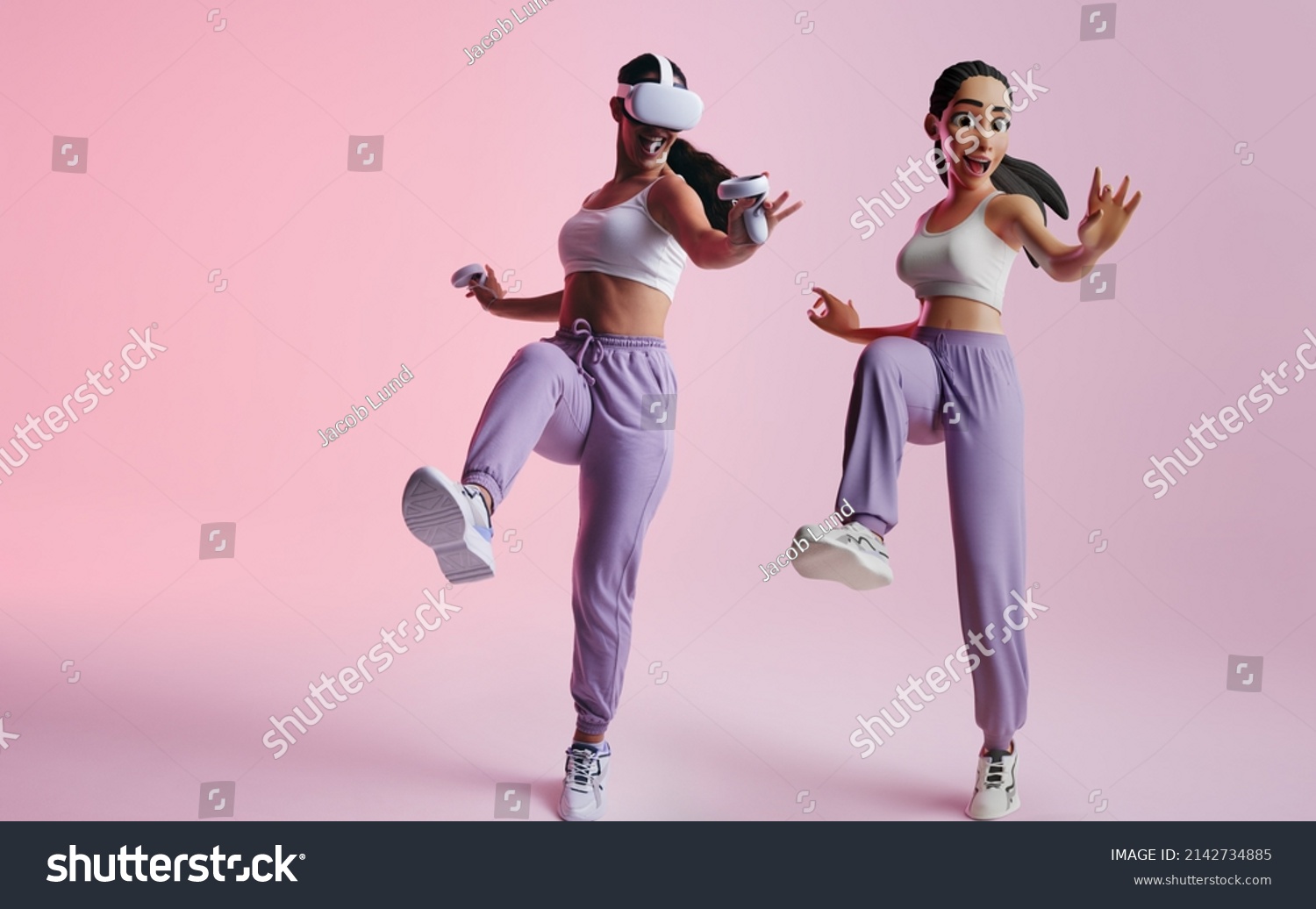 Cheerful young woman partying as a 3D avatar in the metaverse. Happy young woman dancing and having fun while wearing virtual reality goggles. Woman enjoying a 3D simulation in a studio. #2142734885