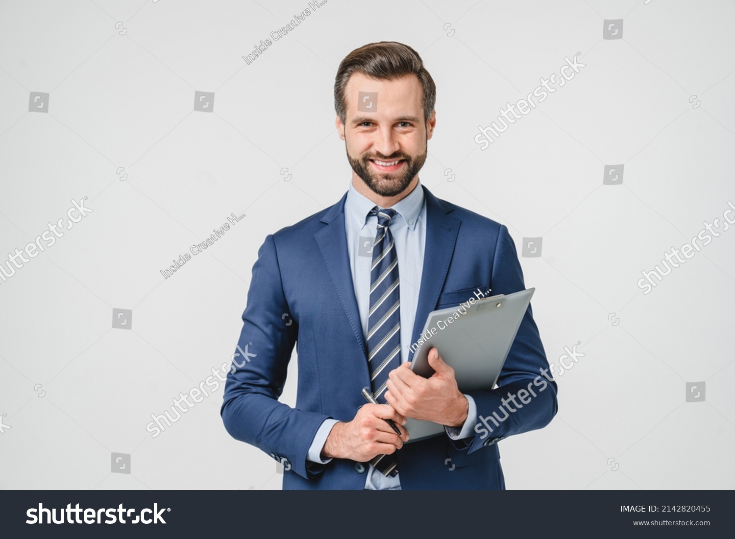 Male auditor inspector examiner controller businessman writing on clipboard, checking the quality of goods and service looking at camera isolated in white background #2142820455