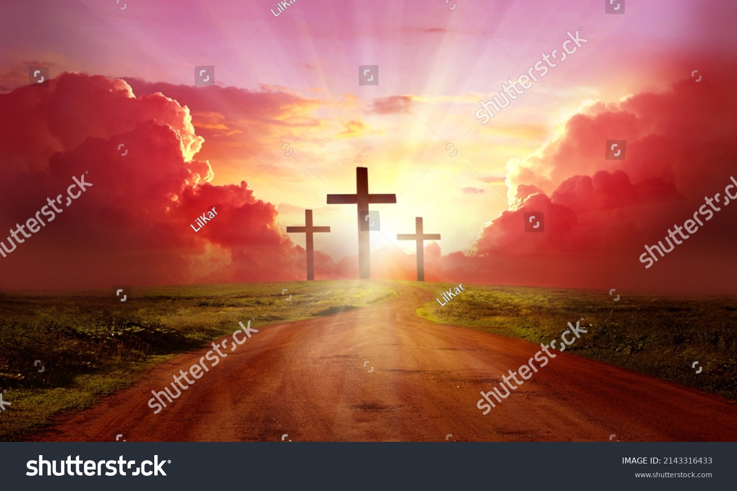 Red  sky at sunset. Beautiful landscape with road   leads up to cross. Religion concept.Christianity background #2143316433