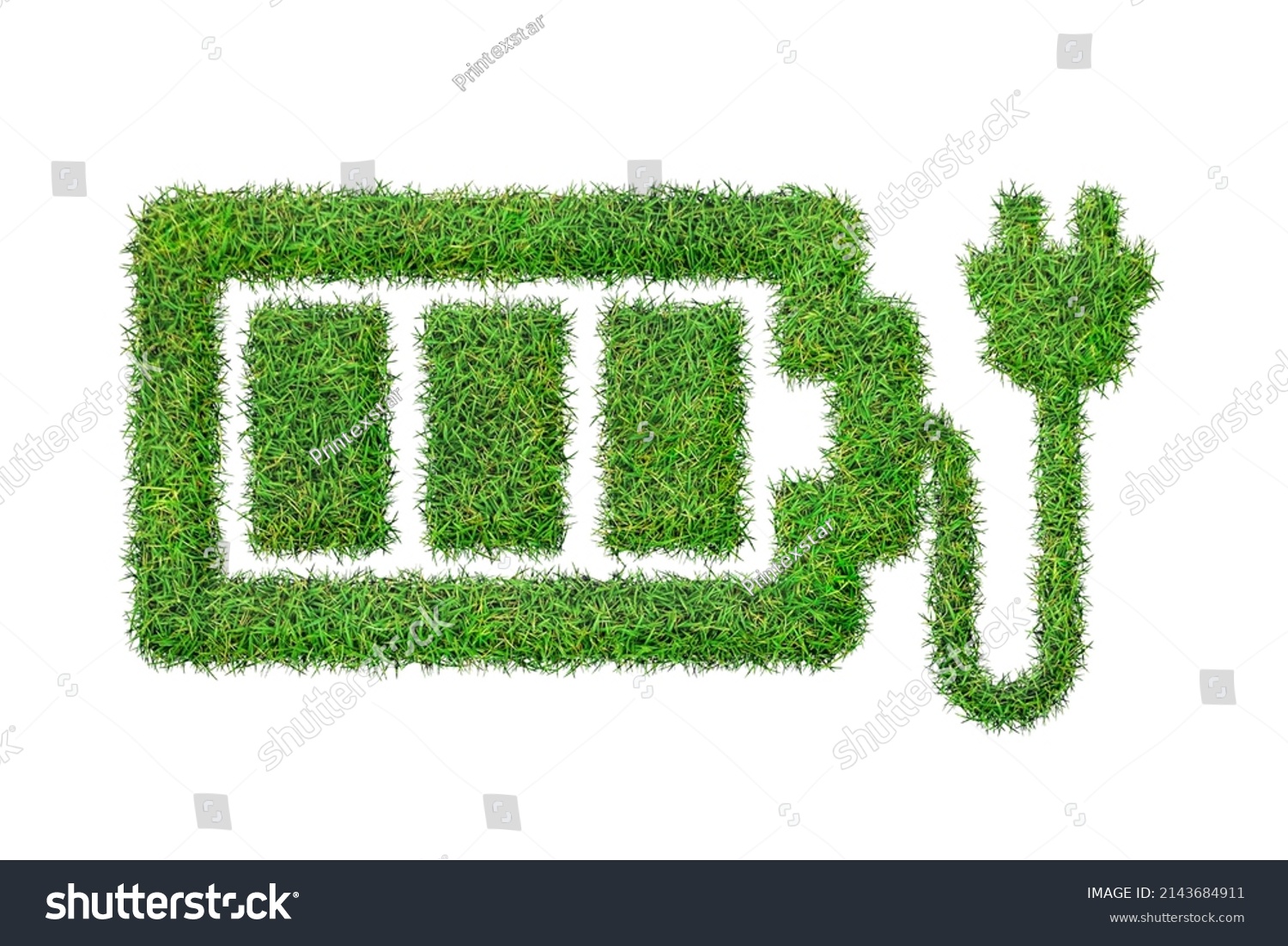 Battery icon from green grass. Eco charging icon isolated on white background. Symbol with the green lawn texture. Ecology symbol	 #2143684911