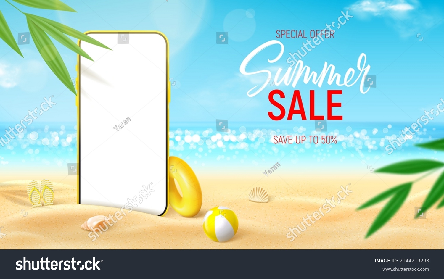 Summer sale ad banner template. Banner with smartphone on beach sand with sunglasses, tropical plant, seashells, inflatable ball and ring. Vector 3d ad illustration for promotion of summer goods. #2144219293