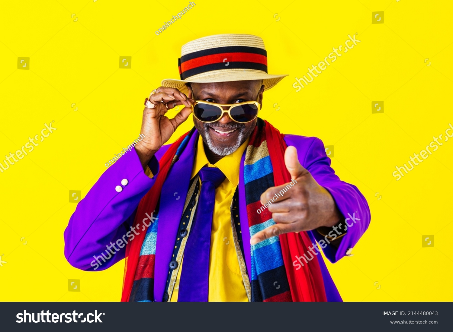 Cool senior man with fashionable clothing style portrait on colored background - Funny old male pensioner with eccentric style having fun #2144480043