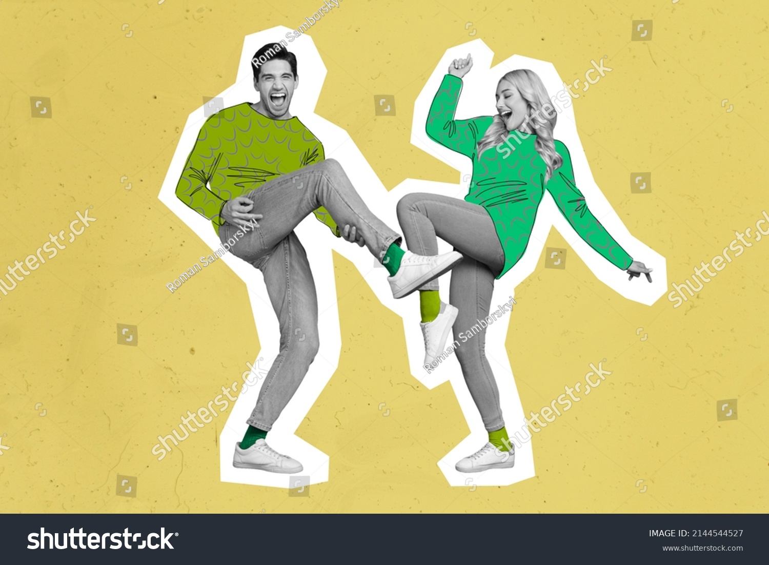 Full length photo collage in old fashion pin up pop art style two funny people man girl dancing crazy excitement nice painted neon sketch pullovers #2144544527