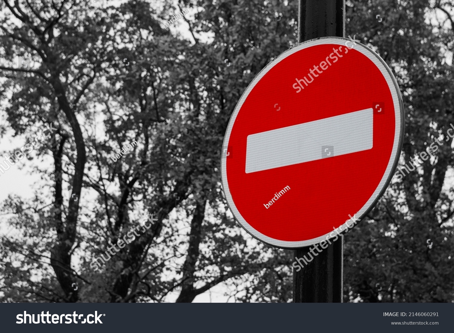 Color road traffic sign Entry is prohibited on back and white background of sky and trees foliage. Sign is also known as ''The Brick''. It restricts vehicles movement in this direction. #2146060291