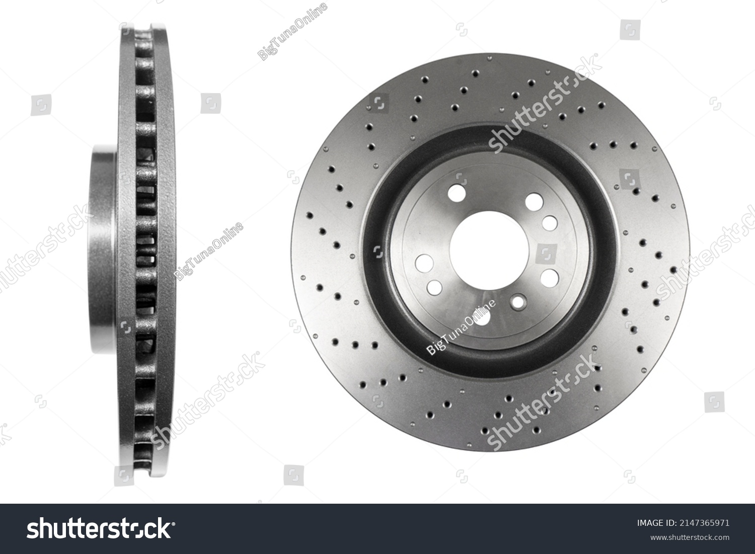 Car brake disc isolated on white background. Auto spare parts. Perforated brake disc rotor isolated on white. Braking ventilated discs. Quality spare parts for car service or maintenance #2147365971