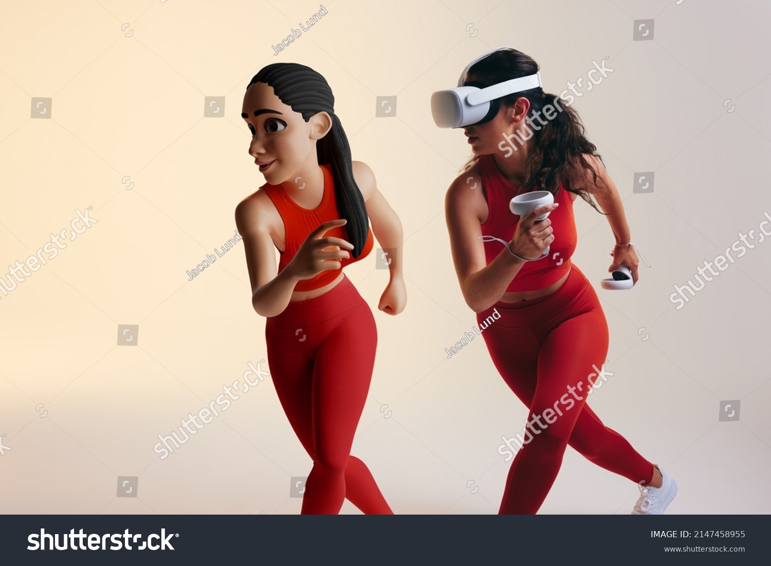 Fitness in the metaverse. Sporty young woman playing a virtual reality fitness game as a 3D avatar. Athletic young woman running with virtual reality goggles and controllers. #2147458955