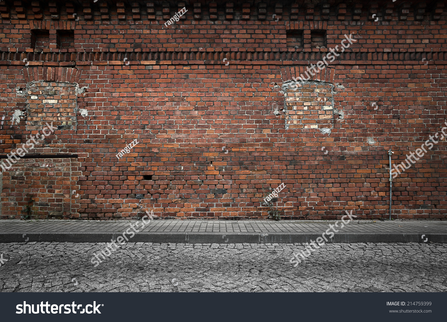 Industrial background, empty grunge urban street with warehouse brick wall #214759399