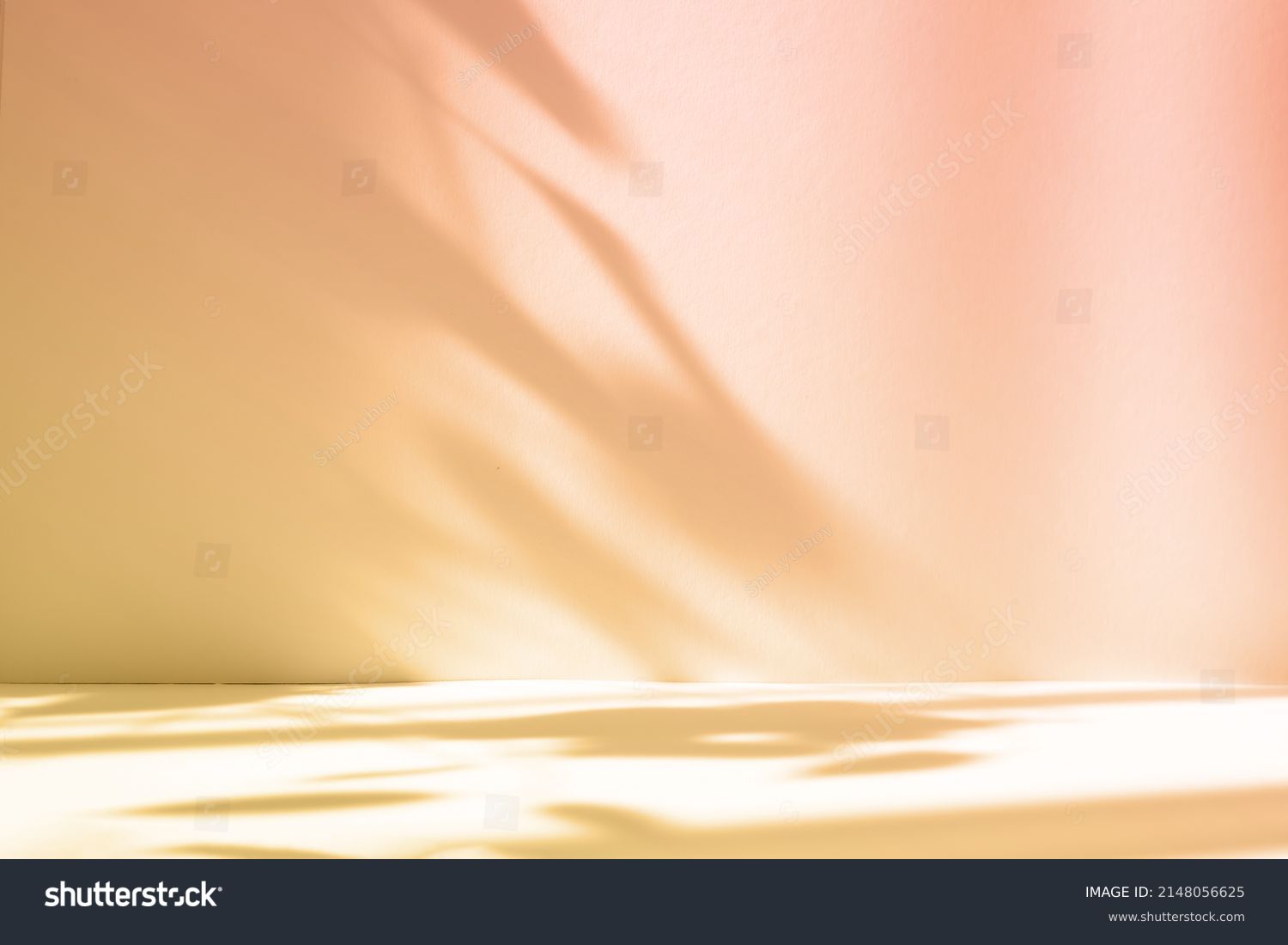 Abstract pink color gradient studio background for product presentation. Empty room with shadows of window and flowers and palm leaves . 3d room with copy space. Summer concert. Blurred backdrop. #2148056625