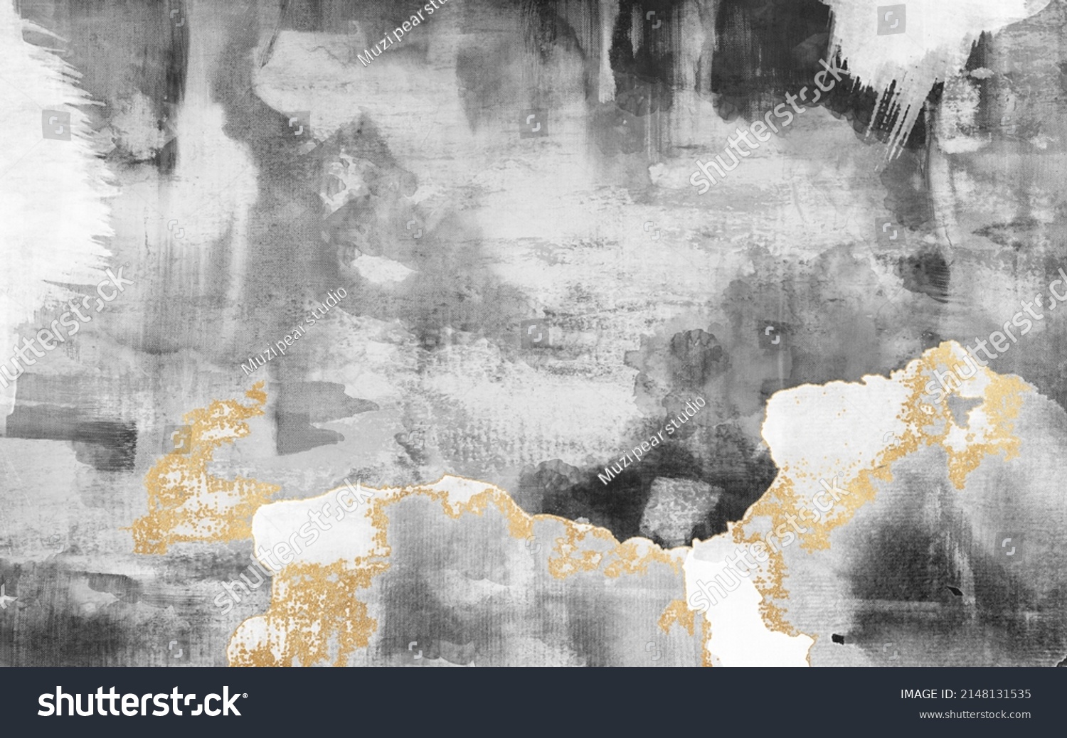 High resolution. Abstract art, modern painting, wall art, a mixture of gray and gold paint. Background design, used for wallpaper design of prints, carpets, banners, decorative paintings, art and home #2148131535
