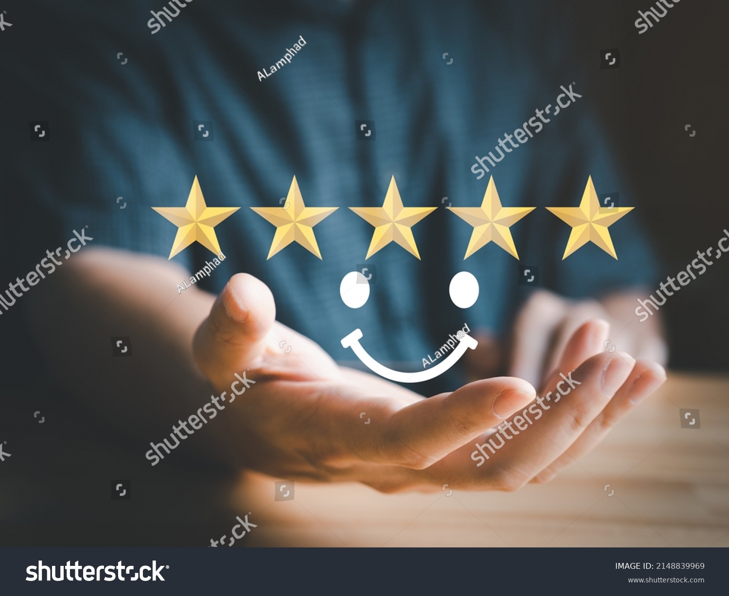 Satisfaction rating, ranking or feedback by hand hold happy, smiley or enjoin face and gold stars, customer satisfy survey. Satisfaction rating concept. #2148839969