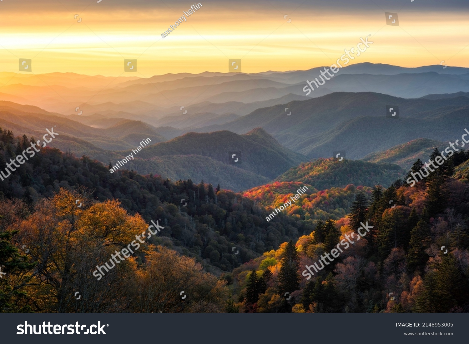 Dramatic evening light looking out across the Great Smoky Mountains from along the Blue Ridge Parkway in North Carolina #2148953005