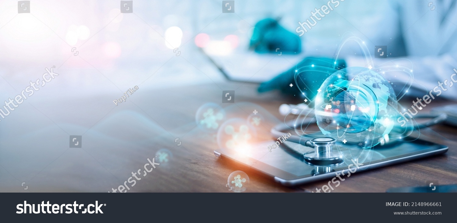 Doctor diagnose digital patient record on virtual medical network on Computing electronic medical record. Digital healthcare and network connection interface, Global health care. Medical technology.  #2148966661