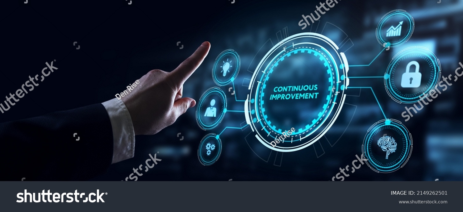 The concept of business, technology, the Internet and the network. A young entrepreneur working on a virtual screen of the future and sees the inscription: Continuous improvement #2149262501