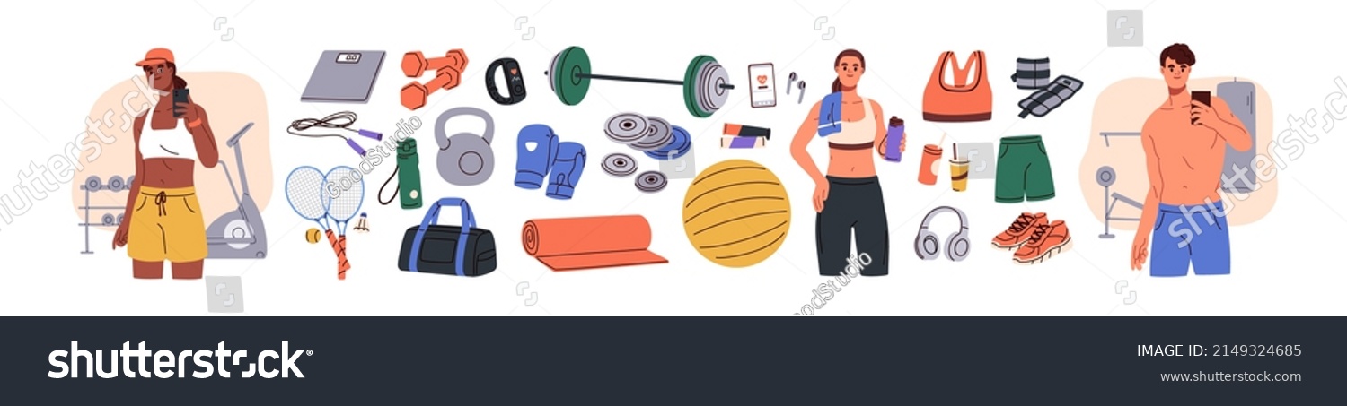 Sport equipment, gym accessory, people athlete set. Dumbbell, barbell, fitness ball, yoga mat, bag, sportswear for training. Workout stuff bundle. Flat vector illustration isolated on white background #2149324685