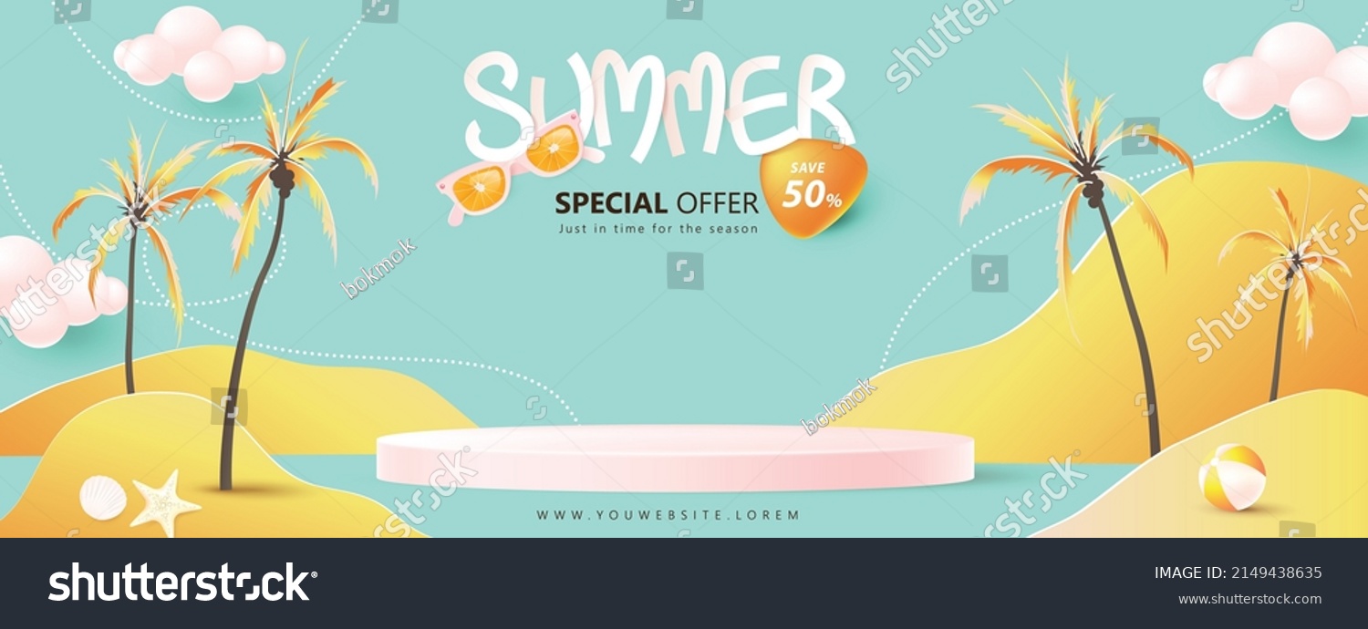 Summer sale poster banner template for promotion with product display cylindrical shape and beach background #2149438635