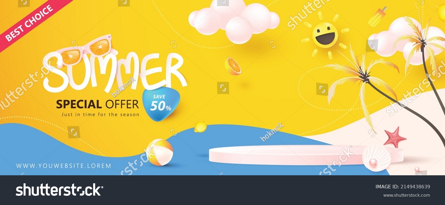 Summer sale poster banner template for promotion with product display cylindrical shape and beach elements  #2149438639