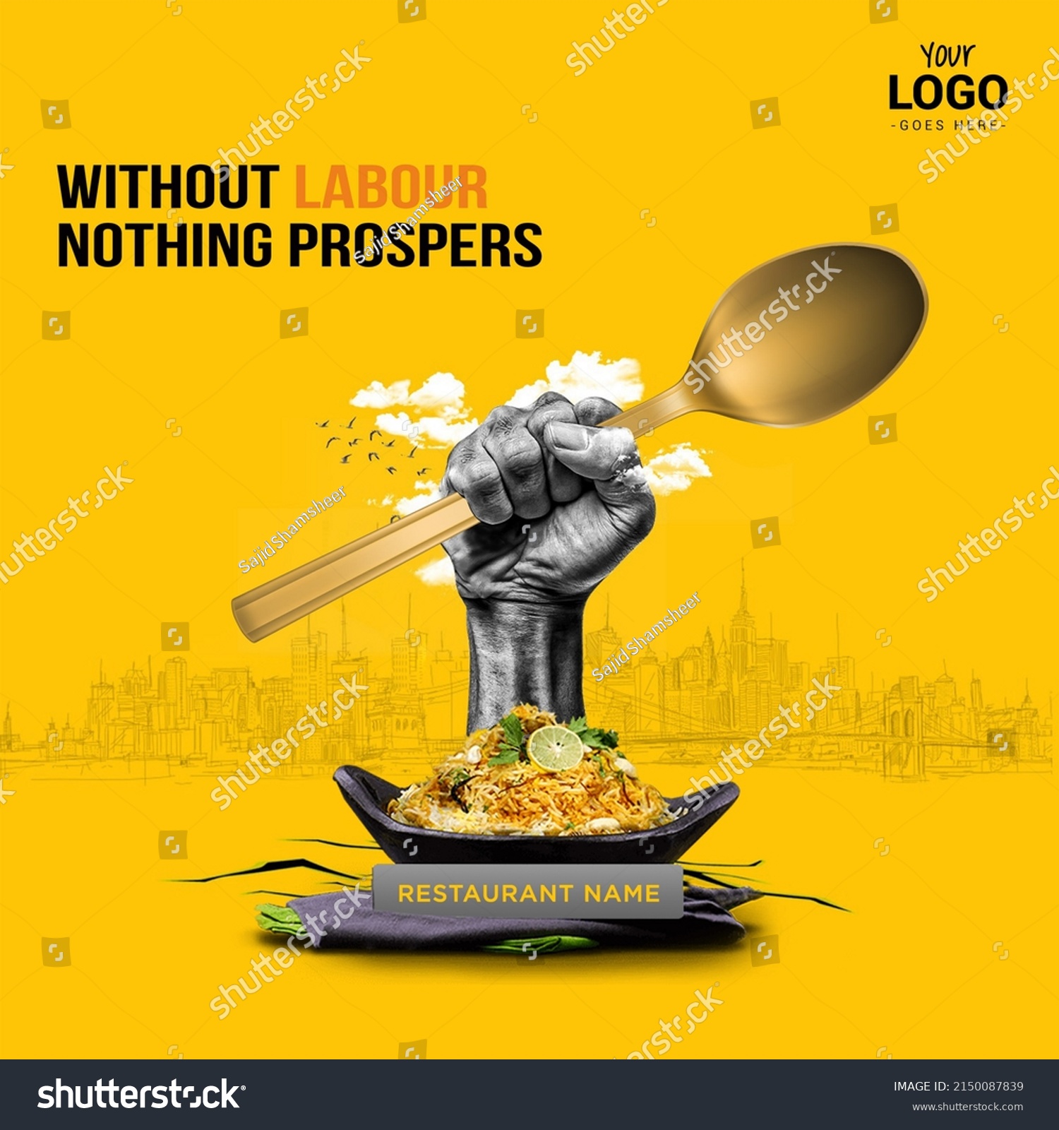 Restaurant concept of International Labor Day. Labor hand holding spoon with biryani. Restaurant posters, restaurant wall branding and social media post. #2150087839