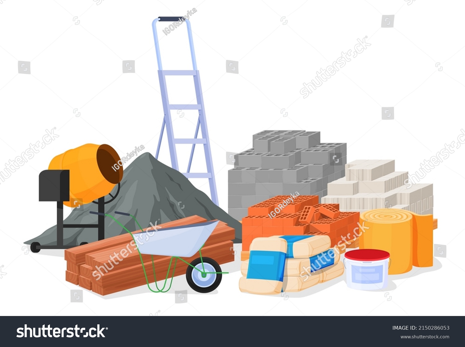 Set of piles of building materials. Loose building materials board brick metal elements. Vector illustration on a white background. #2150286053