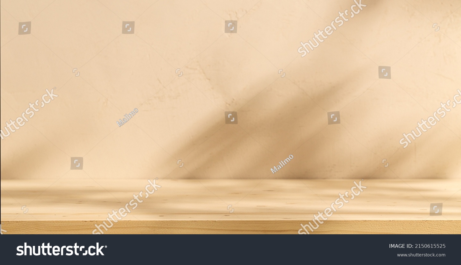 Mock up for presentation, branding products, cosmetics, food or jewellery. Empty table on bright brown wall background. Composition with leaves shadow on the wall and wooden desk.  #2150615525