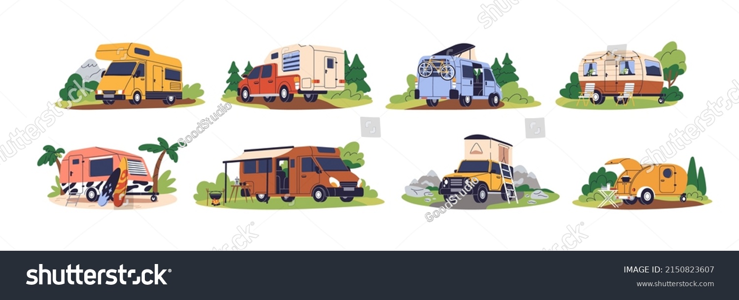 Camper cars, holiday caravans, vans, trailers, summer motorhomes, camping RV set. Mobile auto vehicles for travel, vacation in campsite, nature. Flat vector illustrations isolated on white background #2150823607