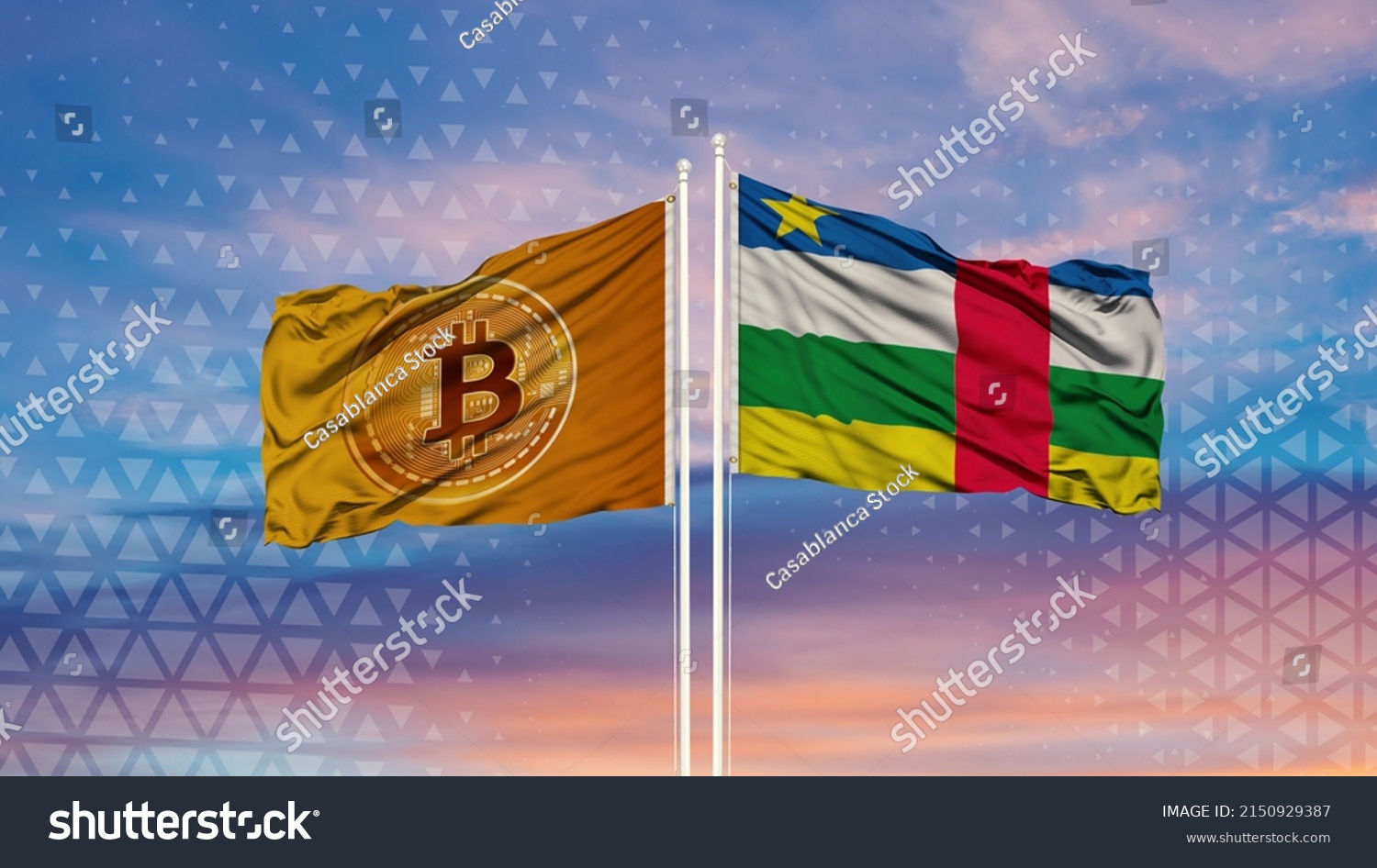 The flag of central african republic and the Bitcoin flag are waving over the blue sky #2150929387