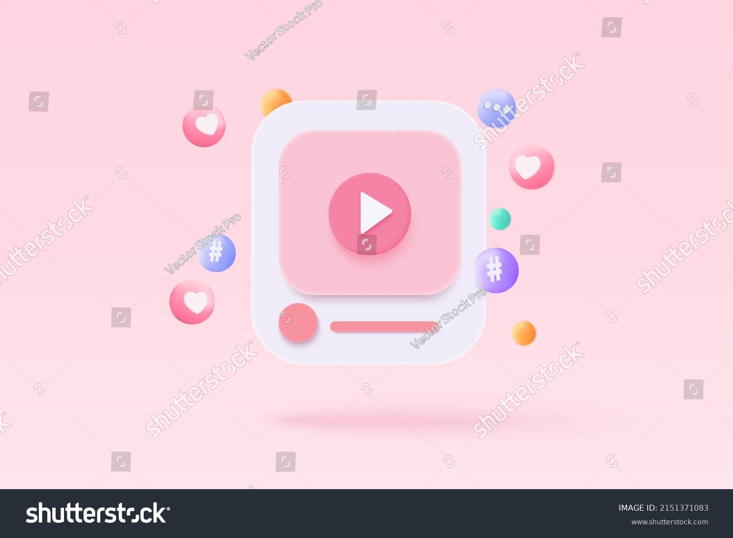 3d social media with video live streaming and emotion in pink background. Social media online playing 3d video for make money passive income concept. 3d live entertainment vector render illustration #2151371083