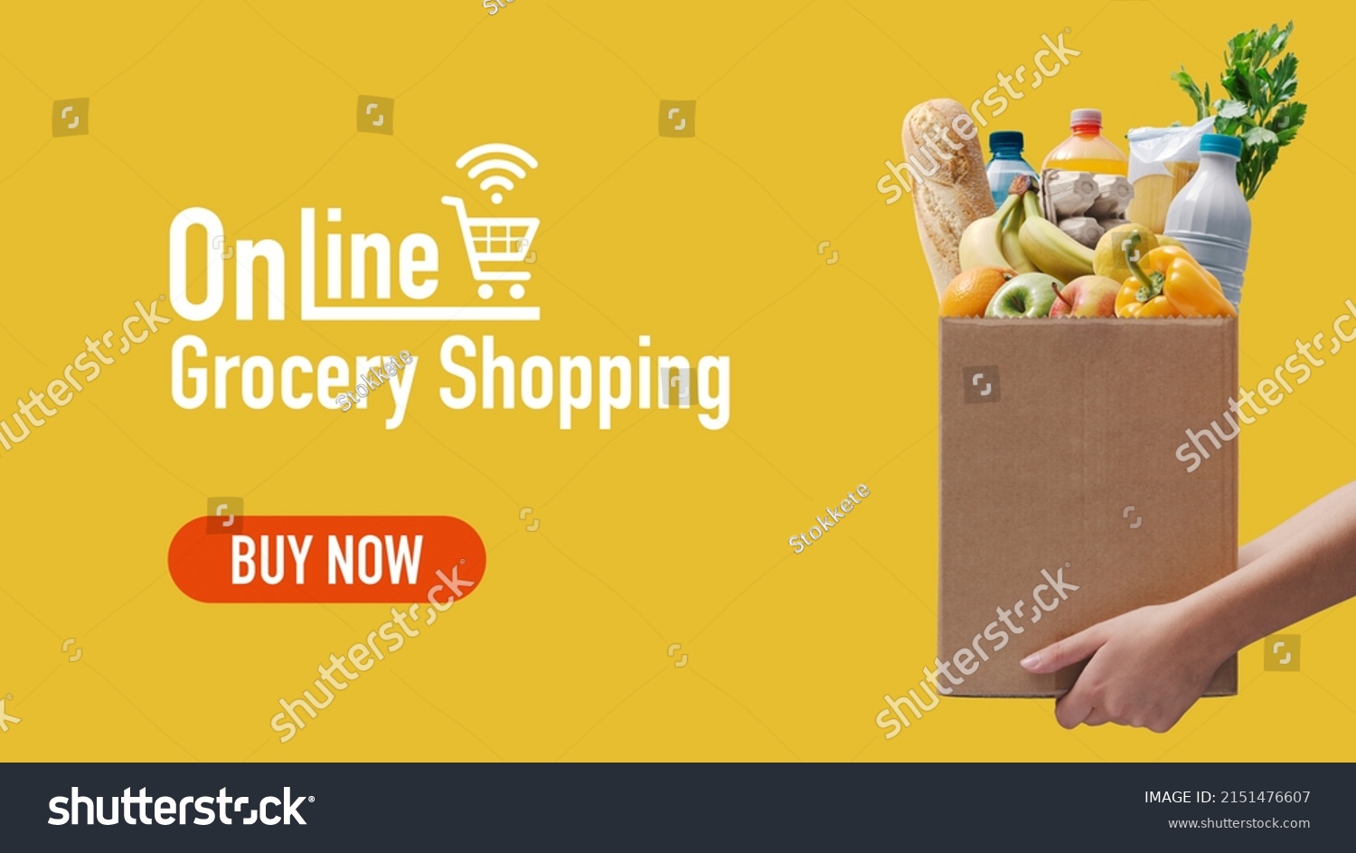 Online grocery shopping and home delivery: hands holding a box full of groceries #2151476607