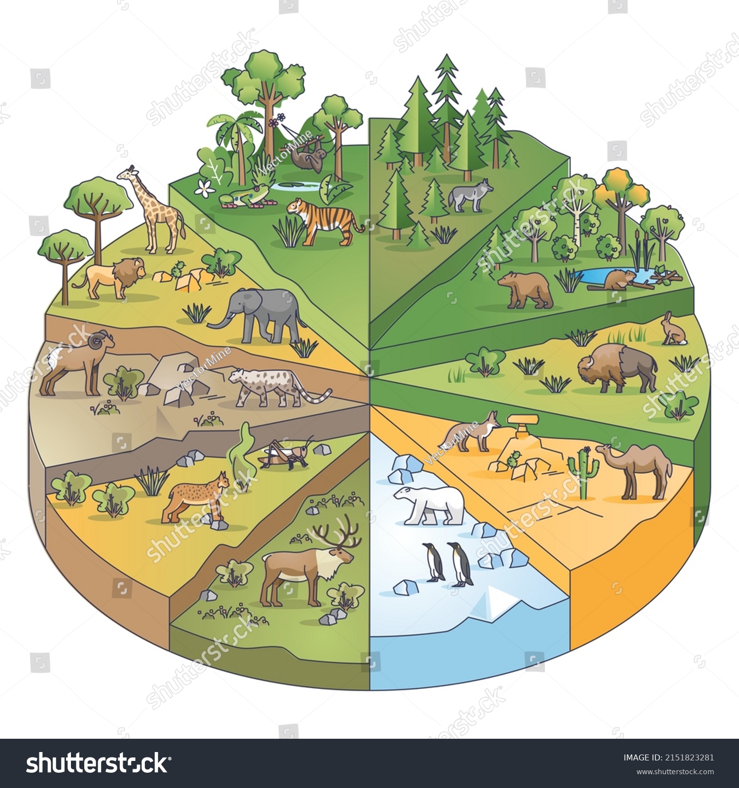 Types of habitats and various ecosystems collection in pie outline diagram. Nature and climate division with different scenery, flora and fauna vector illustration. Geographical wildlife biodiversity. #2151823281